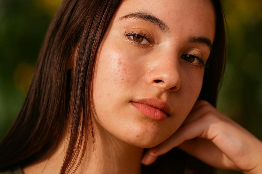 Close-up of a young woman's face showing natural skin texture